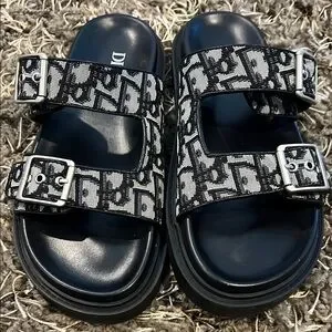 Dior Monogram Black and Gray Slides Dway Slide Gray Embroidered Cotton and Toile de Jouy Motif  main image 4